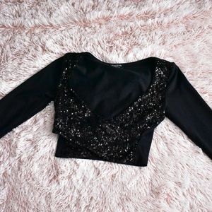 Bebe Cropped Long Sleeve Top with Sequins